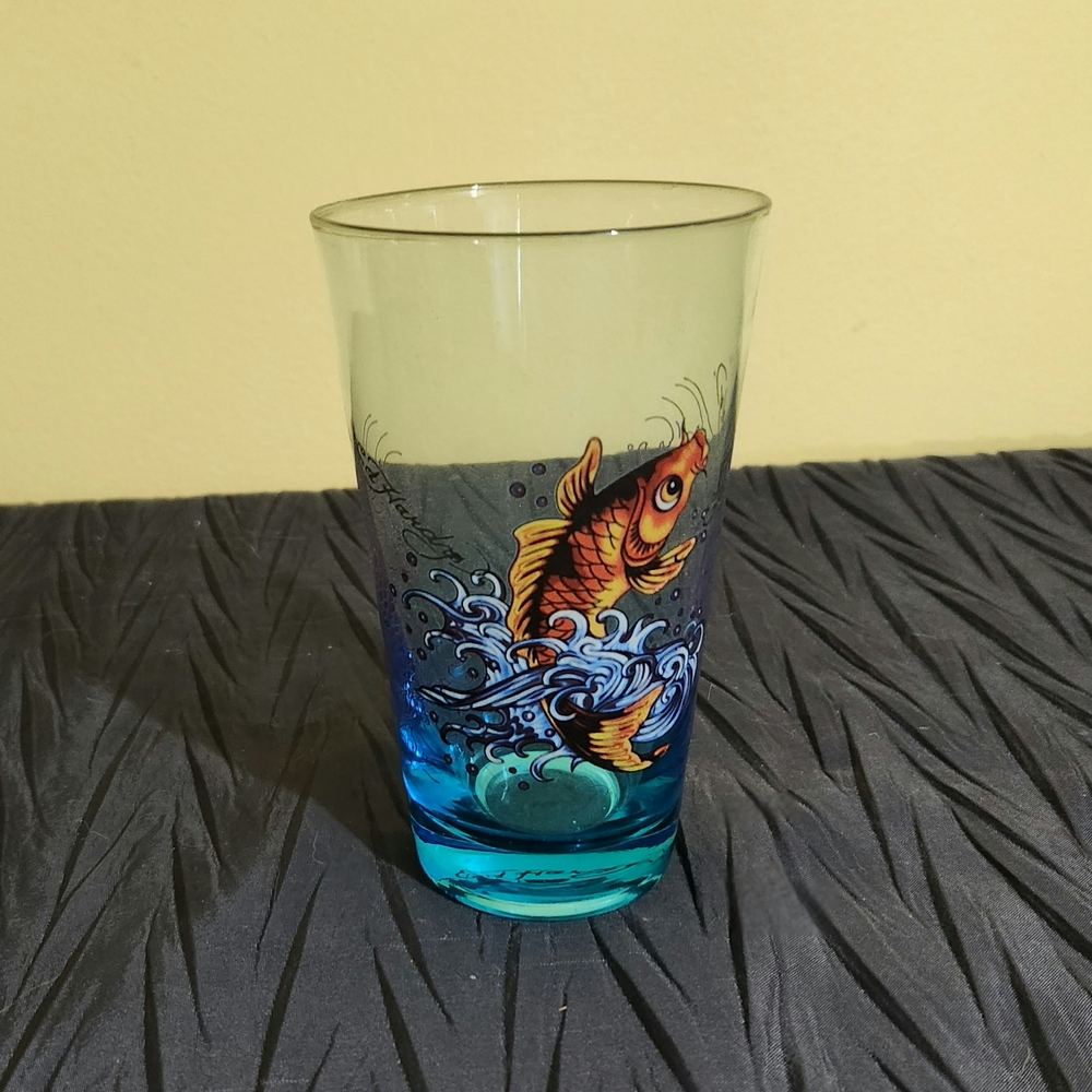 Ed Hardy Blue and Orange Fish Design Glass